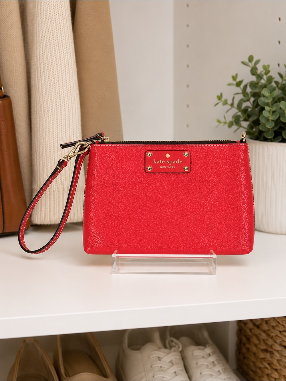 Kate Spade New York Red Pebbled Leather Wristlet Zip Pouch
